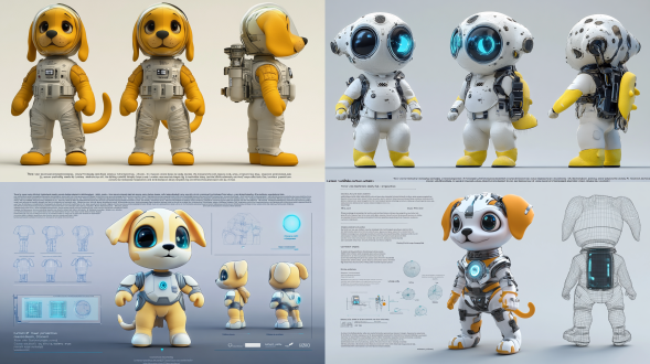 基础设定： "三视图技术蓝图，全身展示，正/侧/背三视角等距排列" "卡通ip吉祥物设计，迪士尼皮克斯风格角色表" 核心形象： "圆润q版幼犬，水汪汪卡通大眼睛(折射虹膜细节)" "柠檬黄短绒毛材质，腮红渐变处理，尾巴螺旋卷曲造型" 服装细节： "纯白太空服(科技压胶缝线+呼吸器背包)" "曲面面罩头盔(玻璃折射+金属锁扣+呼吸雾气效果)" "手套/靴子集成led指示灯(柔和蓝光)" "精制的细节模型" 材质表现： "octane渲染器，sss次表面散射(皮肤质感)" "镀铬金属环+磨砂纤维布料+半透明硅胶管" "曲面玻璃面罩(环境雾折射+指纹痕迹细节)" 场景配置： "纯白无限空间，边缘渐变阴影过渡" "三点式环形柔光箱(主光4500k+辅光6000k)" "反射地平面(轻微模糊倒影)" 风格参数： "泡泡玛特潮玩质感，低多边形简化结构" "柔和粉彩调色板，薄荷绿+淡紫环境光" "超高清8k(8192x4608)，32位色深输出" 后期处理： "全局光照优化，ao环境遮蔽增强" "运动模糊景深(焦距对准面部)" "卡通边缘勾线(0.8px深灰描边)" 建议在c4d中建模时注意： 使用细分曲面确保弧面光滑 绑定简易骨骼系统便于多视角调整 创建材质预设库(皮毛/玻璃/金属/布料) 设置渲染层分离通道(漫反射/高光/阴影) "三视图技术蓝图，全身展示，正/侧/背三视角等距排列" "卡通ip吉祥物设计，迪士尼皮克斯风格角色表" 核心形象： "圆润q版幼犬，水汪汪卡通大眼睛(折射虹膜细节)" "柠檬黄短绒毛材质，腮红渐变处理，尾巴螺旋卷曲造型" 服装细节： "纯白太空服(科技压胶缝线+呼吸器背包)" "曲面面罩头盔(玻璃折射+金属锁扣+呼吸雾气效果)" "手套/靴子集成led指示灯(柔和蓝光)" 材质表现： "octane渲染器，sss次表面散射(皮肤质感)" "镀铬金属环+磨砂纤维布料+半透明硅胶管" "曲面玻璃面罩(环境雾折射+指纹痕迹细节)" 场景配置： "纯白无限空间，边缘渐变阴影过渡" "三点式环形柔光箱(主光4500k+辅光6000k)" "反射地平面(轻微模糊倒影)" 风格参数： "泡泡玛特潮玩质感，低多边形简化结构" "柔和粉彩调色板，薄荷绿+淡紫环境光" "超高清8k(8192x4608)，32位色深输出" 后期处理： "全局光照优化，ao环境遮蔽增强" "运动模糊景深(焦距对准面部)" "卡通边缘勾线(0.8px深灰描边)" 建议在c4d中建模时注意： 使用细分曲面确保弧面光滑 绑定简易骨骼系统便于多视角调整 创建材质预设库(皮毛/玻璃/金属/布料) 设置渲染层分离通道(漫反射/高光/阴影) 玻璃