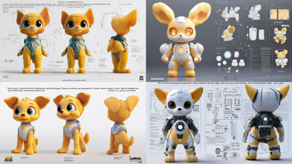 基础设定： "三视图技术蓝图，全身展示，正/侧/背三视角等距排列" "卡通ip吉祥物设计，迪士尼皮克斯风格角色表" 核心形象： "圆润q版幼犬，水汪汪卡通大眼睛(折射虹膜细节)" "柠檬黄短绒毛材质，腮红渐变处理，尾巴螺旋卷曲造型" 服装细节： "纯白太空服(科技压胶缝线+呼吸器背包)" "曲面面罩头盔(玻璃折射+金属锁扣+呼吸雾气效果)" "手套/靴子集成led指示灯(柔和蓝光)" "精制的细节模型" 材质表现： "octane渲染器，sss次表面散射(皮肤质感)" "镀铬金属环+磨砂纤维布料+半透明硅胶管" "曲面玻璃面罩(环境雾折射+指纹痕迹细节)" 场景配置： "纯白无限空间，边缘渐变阴影过渡" "三点式环形柔光箱(主光4500k+辅光6000k)" "反射地平面(轻微模糊倒影)" 风格参数： "泡泡玛特潮玩质感，低多边形简化结构" "柔和粉彩调色板，薄荷绿+淡紫环境光" "超高清8k(8192x4608)，32位色深输出" 后期处理： "全局光照优化，ao环境遮蔽增强" "运动模糊景深(焦距对准面部)" "卡通边缘勾线(0.8px深灰描边)" 建议在c4d中建模时注意： 使用细分曲面确保弧面光滑 绑定简易骨骼系统便于多视角调整 创建材质预设库(皮毛/玻璃/金属/布料) 设置渲染层分离通道(漫反射/高光/阴影) "三视图技术蓝图，全身展示，正/侧/背三视角等距排列" "卡通ip吉祥物设计，迪士尼皮克斯风格角色表" 核心形象： "圆润q版幼犬，水汪汪卡通大眼睛(折射虹膜细节)" "柠檬黄短绒毛材质，腮红渐变处理，尾巴螺旋卷曲造型" 服装细节： "纯白太空服(科技压胶缝线+呼吸器背包)" "曲面面罩头盔(玻璃折射+金属锁扣+呼吸雾气效果)" "手套/靴子集成led指示灯(柔和蓝光)" 材质表现： "octane渲染器，sss次表面散射(皮肤质感)" "镀铬金属环+磨砂纤维布料+半透明硅胶管" "曲面玻璃面罩(环境雾折射+指纹痕迹细节)" 场景配置： "纯白无限空间，边缘渐变阴影过渡" "三点式环形柔光箱(主光4500k+辅光6000k)" "反射地平面(轻微模糊倒影)" 风格参数： "泡泡玛特潮玩质感，低多边形简化结构" "柔和粉彩调色板，薄荷绿+淡紫环境光" "超高清8k(8192x4608)，32位色深输出" 后期处理： "全局光照优化，ao环境遮蔽增强" "运动模糊景深(焦距对准面部)" "卡通边缘勾线(0.8px深灰描边)" 建议在c4d中建模时注意： 使用细分曲面确保弧面光滑 绑定简易骨骼系统便于多视角调整 创建材质预设库(皮毛/玻璃/金属/布料) 设置渲染层分离通道(漫反射/高光/阴影) 黏土