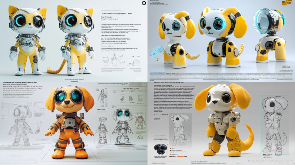 基础设定： "三视图技术蓝图，全身展示，正/侧/背三视角等距排列" "卡通ip吉祥物设计，迪士尼皮克斯风格角色表" 核心形象： "圆润q版幼犬，水汪汪卡通大眼睛(折射虹膜细节)" "柠檬黄短绒毛材质，腮红渐变处理，尾巴螺旋卷曲造型" 服装细节： "纯白太空服(科技压胶缝线+呼吸器背包)" "曲面面罩头盔(玻璃折射+金属锁扣+呼吸雾气效果)" "手套/靴子集成led指示灯(柔和蓝光)" "精制的细节模型，站立" 材质表现： "octane渲染器，sss次表面散射(皮肤质感)" "镀铬金属环+磨砂纤维布料+半透明硅胶管" "曲面玻璃面罩(环境雾折射+指纹痕迹细节)" 场景配置： "纯白无限空间，边缘渐变阴影过渡" "三点式环形柔光箱(主光4500k+辅光6000k)" "反射地平面(轻微模糊倒影)" 风格参数： "泡泡玛特潮玩质感，低多边形简化结构" "柔和粉彩调色板，薄荷绿+淡紫环境光" "超高清8k(8192x4608)，32位色深输出" 后期处理： "全局光照优化，ao环境遮蔽增强" "运动模糊景深(焦距对准面部)" "卡通边缘勾线(0.8px深灰描边)" 建议在c4d中建模时注意： 使用细分曲面确保弧面光滑 绑定简易骨骼系统便于多视角调整 创建材质预设库(皮毛/玻璃/金属/布料) 设置渲染层分离通道(漫反射/高光/阴影) "三视图技术蓝图，全身展示，正/侧/背三视角等距排列" "卡通ip吉祥物设计，迪士尼皮克斯风格角色表" 核心形象： "圆润q版幼犬，水汪汪卡通大眼睛(折射虹膜细节)" "柠檬黄短绒毛材质，腮红渐变处理，尾巴螺旋卷曲造型" 服装细节： "纯白太空服(科技压胶缝线+呼吸器背包)" "曲面面罩头盔(玻璃折射+金属锁扣+呼吸雾气效果)" "手套/靴子集成led指示灯(柔和蓝光)" 材质表现： "octane渲染器，sss次表面散射(皮肤质感)" "镀铬金属环+磨砂纤维布料+半透明硅胶管" "曲面玻璃面罩(环境雾折射+指纹痕迹细节)" 场景配置： "纯白无限空间，边缘渐变阴影过渡" "三点式环形柔光箱(主光4500k+辅光6000k)" "反射地平面(轻微模糊倒影)" 风格参数： "泡泡玛特潮玩质感，低多边形简化结构" "柔和粉彩调色板，薄荷绿+淡紫环境光" "超高清8k(8192x4608)，32位色深输出" 后期处理： "全局光照优化，ao环境遮蔽增强" "运动模糊景深(焦距对准面部)" "卡通边缘勾线(0.8px深灰描边)" 建议在c4d中建模时注意： 使用细分曲面确保弧面光滑 绑定简易骨骼系统便于多视角调整 创建材质预设库(皮毛/玻璃/金属/布料) 设置渲染层分离通道(漫反射/高光/阴影) 黏土