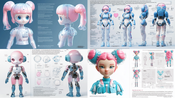 1. core concept "pop mart collectible-style 3-view orthographic blueprint, pastel blue-pink color scheme character sheet with front/side/back technical views, disney-like proportions (1:3 head-to-body ratio)" 2. design features "- spherical joint doll structure with pearlized blue-pink gradient coating teardrop-shaped head + oval eye sockets, star-patterned iris effects cotton candy-textured cloud hairstyle with translucent gradient tips geometric abstract patterns on clothing (diamond/wave uv mapping)" 3. material parameters "- cinema 4d standard material + octane hybrid rendering base texture: translucent silicone (sss 1.2/ior 1.45) metallic parts: anodized aluminum finish (roughness 0.3/anisotropy 0.7) special treatment: uv thermo-color shift coating (#aec6cf to #f4b3c2)" 4. 3-view configuration "- isometric blueprint layout with cyan guideline grid background front view: show full facial expression + hand gesture (heart-shaped pose) side view: highlight layered hairstyle + hidden magnetic back structure back view: emphasize tailored clothing + embossed collectible serial number" 5. rendering setup "- studio ring light array (key 5600k/fill 4500k) global illumination + subsurface scattering dual-pass compositing 8k resolution (7680x4320) 16-bit color depth depth of field control (f/2.8 focus on facial features)" 6. style enhancement "- low-poly optimization (hexagonal joint structures retained) blush applied via noise texture for hand-painted feel 0.5px navy blue outline (cel-shaded contour emphasis) virtual display platform reflection (30° angled mirror effect)" c4d production notes use volume builder for fluid-inspired hairstyle modeling enable filmic tonemapping for smooth color gradients implement xyz-axis rotation controllers for multi-view adjustments create material presets (main pastel/accents/transparent parts) 玻璃