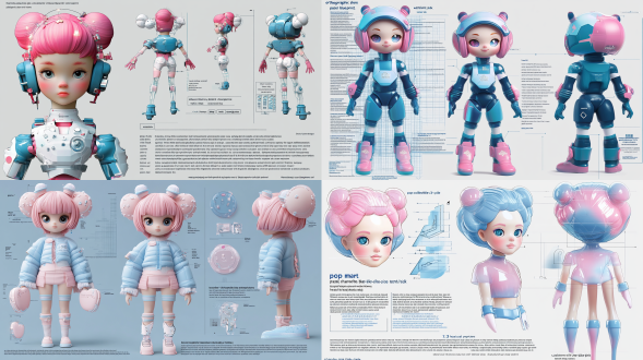1. core concept "pop mart collectible-style 3-view orthographic blueprint, pastel blue-pink color scheme character sheet with front/side/back technical views, disney-like proportions (1:3 head-to-body ratio)" 2. design features "- spherical joint doll structure with pearlized blue-pink gradient coating teardrop-shaped head + oval eye sockets, star-patterned iris effects cotton candy-textured cloud hairstyle with translucent gradient tips geometric abstract patterns on clothing (diamond/wave uv mapping)" 3. material parameters "- cinema 4d standard material + octane hybrid rendering base texture: translucent silicone (sss 1.2/ior 1.45) metallic parts: anodized aluminum finish (roughness 0.3/anisotropy 0.7) special treatment: uv thermo-color shift coating (#aec6cf to #f4b3c2)" 4. 3-view configuration "- isometric blueprint layout with cyan guideline grid background front view: show full facial expression + hand gesture (heart-shaped pose) side view: highlight layered hairstyle + hidden magnetic back structure back view: emphasize tailored clothing + embossed collectible serial number" 5. rendering setup "- studio ring light array (key 5600k/fill 4500k) global illumination + subsurface scattering dual-pass compositing 8k resolution (7680x4320) 16-bit color depth depth of field control (f/2.8 focus on facial features)" 6. style enhancement "- low-poly optimization (hexagonal joint structures retained) blush applied via noise texture for hand-painted feel 0.5px navy blue outline (cel-shaded contour emphasis) virtual display platform reflection (30° angled mirror effect)" c4d production notes use volume builder for fluid-inspired hairstyle modeling enable filmic tonemapping for smooth color gradients implement xyz-axis rotation controllers for multi-view adjustments create material presets (main pastel/accents/transparent parts) 彩虹色 玻璃