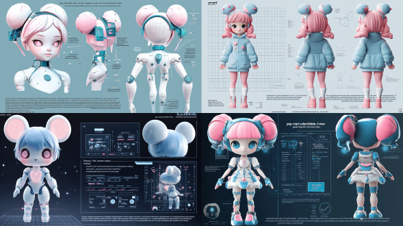 1. core concept "pop mart collectible-style 3-view orthographic blueprint, pastel blue-pink color scheme character sheet with front/side/back technical views, disney-like proportions (1:3 head-to-body ratio)" 2. design features "- spherical joint doll structure with pearlized blue-pink gradient coating teardrop-shaped head + oval eye sockets, star-patterned iris effects cotton candy-textured cloud hairstyle with translucent gradient tips geometric abstract patterns on clothing (diamond/wave uv mapping)" 3. material parameters "- cinema 4d standard material + octane hybrid rendering base texture: translucent silicone (sss 1.2/ior 1.45) metallic parts: anodized aluminum finish (roughness 0.3/anisotropy 0.7) special treatment: uv thermo-color shift coating (#aec6cf to #f4b3c2)" 4. 3-view configuration "- isometric blueprint layout with cyan guideline grid background front view: show full facial expression + hand gesture (heart-shaped pose) side view: highlight layered hairstyle + hidden magnetic back structure back view: emphasize tailored clothing + embossed collectible serial number" 5. rendering setup "- studio ring light array (key 5600k/fill 4500k) global illumination + subsurface scattering dual-pass compositing 8k resolution (7680x4320) 16-bit color depth depth of field control (f/2.8 focus on facial features)" 6. style enhancement "- low-poly optimization (hexagonal joint structures retained) blush applied via noise texture for hand-painted feel 0.5px navy blue outline (cel-shaded contour emphasis) virtual display platform reflection (30° angled mirror effect)" c4d production notes use volume builder for fluid-inspired hairstyle modeling enable filmic tonemapping for smooth color gradients implement xyz-axis rotation controllers for multi-view adjustments create material presets (main pastel/accents/transparent parts) 木纹