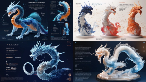 1. core concept "digital ip of intangible cultural heritage of colored glaze, three-view technical blueprint of q-version zodiac dragon, new chinese cyberpunk style, application of color spectrum of the forbidden city (red glaze/colored glaze blue/amber gold), crystal clear and exquisite tower shape structure" 2. shape characteristics "- anthropomorphic design of crystal dragon column, dragon horns adopt the pattern of forbidden city caisson translucent gradient scale armor (dark amber on the spine → moon white on the abdomen) improvement of tang-style round-neck robe hanfu (light tracing cloud pattern dark embroidery + crystal button) flowing light effect dragon whisker (programmable led particle path)" 3. material parameters "- multi-layer glass nesting process (main body: barium crystal glass with a refractive index of 1.62) scales: uv laser coating (anisotropy 0.85/roughness 0.12) clothing: ice crack glaze treatment (concave and convex intensity 38% + normal details) special effects: suspended gold foil particles in the body (motion blur 0.3s)" 4. three-view configuration "- blue and white porcelain pattern engineering drawing shading, isometric three-view golden ratio layout front: display cloud shoulder dragon head pattern + dynamic light effect claws side: highlight s-shaped dragon spine curve + light tracing auspicious cloud ornaments back: focus on the big dipper scale array + hanfu hem robe layer" 5. rendering settings "- circular forbidden city palace lantern lighting (main light 3200k warm light + auxiliary light 6500k cold light) octane two-way ray tracing (refraction depth 12 + diffuse bounce 8) 8k film-level output (8192×4608 srgb color gamut) depth of field control (f/1.2 focusing on the dragon eye glass ball)" 6. style enhancement "- low polygon crystal cluster structure (24-hedron decomposition at joints) ink smudge edge light (0.7px navy blue outline) digital dunhuang color card application (cmyk#c76b29, #3a5f7b) add virtual booth (jun kiln crack glaze reflection)" c4d production points use sds subdivision surface to shape fluid scales lattice deformer to create dynamic light effect dragon whiskers bind three-view synchronization controller (follower tag) create multi-layer nested material group (glass/metal/glaze) 玻璃
