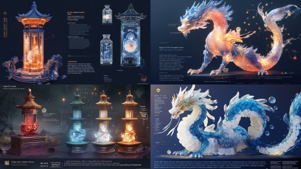 1. core concept "digital ip of intangible cultural heritage of colored glaze, q-version zodiac dragon, cute q-version, three-view technology blueprint, new chinese cyberpunk style, application of color spectrum of the forbidden city (red glaze/colored glaze blue/amber gold), crystal clear and exquisite tower shape structure" 2. shape characteristics "- anthropomorphic design of crystal dragon column, dragon horns adopt the pattern of forbidden city caisson translucent gradient scale armor (dark amber on the spine → moon white on the abdomen) improvement of tang-style round-neck robe hanfu (light tracing cloud pattern dark embroidery + crystal button) flowing light effect dragon whisker (programmable led particle path)" 3. material parameters "- multi-layer glass nesting process (main body: barium crystal glass with a refractive index of 1.62) scales: uv laser coating (anisotropy 0.85/roughness 0.12) clothing: ice crack glaze treatment (concave and convex intensity 38% + normal details) special effects: suspended gold foil particles in the body (motion blur 0.3s)" 4. three-view configuration "- blue and white porcelain pattern engineering drawing shading, isometric three-view golden ratio layout front: display cloud shoulder dragon head pattern + dynamic light effect claws side: highlight s-shaped dragon spine curve + light tracing auspicious cloud ornaments back: focus on the big dipper scale array + hanfu hem robe layer" 5. rendering settings "- circular forbidden city palace lantern lighting (main light 3200k warm light + auxiliary light 6500k cold light) octane two-way ray tracing (refraction depth 12 + diffuse bounce 8) 8k film-level output (8192×4608 srgb color gamut) depth of field control (f/1.2 focusing on the dragon eye glass ball)" 6. style enhancement "- low polygon crystal cluster structure (24-face decomposition at the joint) ink smudge edge light (0.7px navy blue outline) digital dunhuang color card application (cmyk#c76b29, #3a5f7b) add virtual booth (jun kiln crack glaze reflection)" c4d production points use sds subdivision surface to shape fluid scales lattice deformer to create dynamic light effect dragon whiskers bind three-view synchronization controller (follower tag) create multi-layer nested material group (glass/metal/glaze) 玻璃