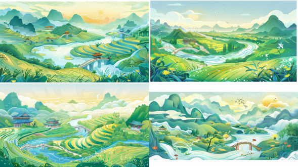 田园，小桥，流水，梯田，黄昏，阳光，山川，全景构图，复古国潮插画，流金线条，8k画质， 园林 竹子 国画