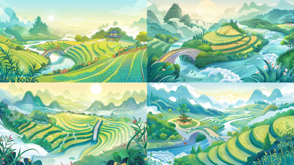 田园，小桥，流水，梯田，黄昏，阳光，山川，全景构图，复古国潮插画，流金线条，8k画质， 园林 竹子 国画