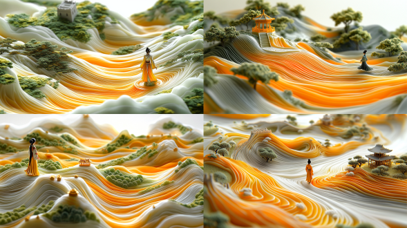 the picture is dominated by green, with silk undulating with chinese patterns, mountains, rivers, fields, ancient pavilions, the great wall, extending to the horizon. a person wearing chinese hanfu walks with a horse. the silk refracts light and emits a silk sheen, providing a view from below, a miniature landscape flowing in, large white areas, light traces, close-up blur, silk refracting light, silk sheen, miniature landscape, three-dimensional effect. 3:4.