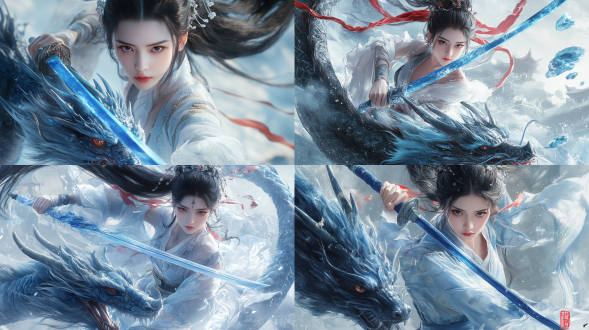 this is a vibrant cgi illustration depicting a dynamic scene of a young woman and a dragon. the woman is well-proportioned, fair-skinned, and has long black hair tied into a high ponytail with two very long red ribbons. she holds a blue long sword in her hand and swings it in a chinese martial arts posture, exuding a chilling aura, and the long sword has a hint of coldness. she looks heroic and very noble and elegant. she wears a traditional, flowing dark blue to white hanfu, which is decorated with intricate gold floral patterns, white lace stockings, and white high heels, which are very fashionable. she has sharp eyes and stands on the head of the dragon, staring at the camera intently. the dragon is located below her, hovering, with dragon scales and dragon horns, and there are blue icebergs around the dragon, reflecting a sense of coldness. , the background is a simple white and gray gradient, emphasizing the dynamic nature of the scene. the overall composition is full of energy and movement, capturing a tense moment of preparation or conflict.