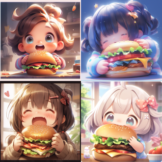 ui ios lcon，应用商店，3d渲染，c4d，q版风格，一个小女孩抱着巨大的汉堡，小女孩很开心，构图夸张，大胆，图片比例1:1