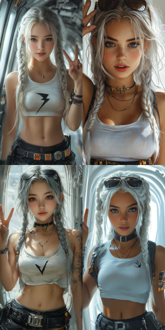 waitgoo,it is a highly detailed digital illustration of a young woman in her early 20s,slim,athletic and fair-skinned. she had long,lively silver hair that hung in two densely braids over her shoulders. her features were exquisite,with large,piercing eyes and a mischievous smile.she was wearing a short white t-shirt with a black lightning bolt on it,which she had rolled up to expose her midriff. the t-shirt was attached to a black belt with a large rectangular buckle and many bullet-shaped ornaments. he wore a pair of sunglasses on his head.wearing a pair of black,high-waisted,wide-legged pants. she was also wearing black platform pants. she was carrying a stylish little black bag with lots of stickers on it. waving the peace sign with one hand,holding up the phone for a selfie with the other.the backdrop is a sleek,modern tunnel-type corridor with white glowing walls and metallic hues to give the feel of a high-tech environment. the floors and ceilings are also white,with gradients creating a sense of depth and movement. the lighting is soft and directional,casting shadows that accentuate the character's features and the texture of the costume.the entire color palette is dominated by cool tones,and the figures stand out against a white background. the artwork has a polished,smooth surface that emphasizes smoothness and a futuristic look.the lens is a super wide-angle exaggerated angle composition,viewed from above.,