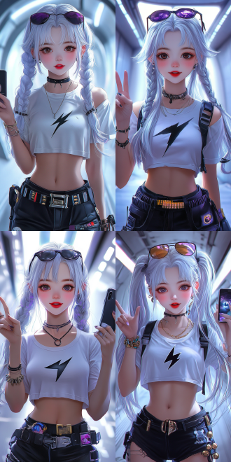 waitgoo,it is a highly detailed digital illustration of a young woman in her early 20s,slim,athletic and fair-skinned. she had long,lively silver hair that hung in two densely braids over her shoulders. her features were exquisite,with large,piercing eyes and a mischievous smile.she was wearing a short white t-shirt with a black lightning bolt on it,which she had rolled up to expose her midriff. the t-shirt was attached to a black belt with a large rectangular buckle and many bullet-shaped ornaments. he wore a pair of sunglasses on his head.wearing a pair of black,high-waisted,wide-legged pants. she was also wearing black platform pants. she was carrying a stylish little black bag with lots of stickers on it. waving the peace sign with one hand,holding up the phone for a selfie with the other.the backdrop is a sleek,modern tunnel-type corridor with white glowing walls and metallic hues to give the feel of a high-tech environment. the floors and ceilings are also white,with gradients creating a sense of depth and movement. the lighting is soft and directional,casting shadows that accentuate the character's features and the texture of the costume.the entire color palette is dominated by cool tones,and the figures stand out against a white background. the artwork has a polished,smooth surface that emphasizes smoothness and a futuristic look.the lens is a super wide-angle exaggerated angle composition,viewed from above.,