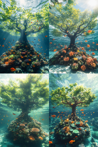 一幅超现实的画面，描绘了斯里兰卡森林与马尔代夫海洋的奇幻融合。画面中央，一棵巨大的菩提树从海底生长，树冠漂浮在海面上，形成一座漂浮的森林岛屿。树干上覆盖着色彩斑斓的珊瑚礁，鱼群在树枝间游弋。阳光透过清澈的海水和茂密的树叶，形成梦幻的光影效果。远处，几座类似的森林岛屿漂浮在海面上，天空中盘旋着五彩斑斓的鸟类。画面整体宁静而神秘，充满探索的欲望。 宫崎骏