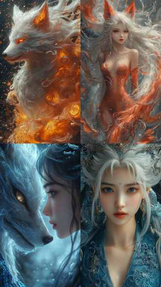 huimeng,nine-tailed fox,su dahuai,ancient mythology,fengshen bang,(the nine-tailed fox transforms into a beauty),nine tails of different colors,curvy,angelic face,(flowing long hair),white hair,((((the phantom of the white fox merges into her body)))),charming smile,enchanting dance,masterpiece,best quality,hanfu,tang-style outfits,touch the head of the white fox with hand, 全身角色 宫崎骏