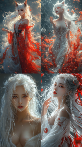 huimeng,nine-tailed fox,su dahuai,ancient mythology,fengshen bang,(the nine-tailed fox transforms into a beauty),nine tails of different colors,curvy,angelic face,(flowing long hair),white hair,((((the phantom of the white fox merges into her body)))),charming smile,enchanting dance,masterpiece,best quality,hanfu,tang-style outfits,touch the head of the white fox with hand, 全身角色 英雄联盟