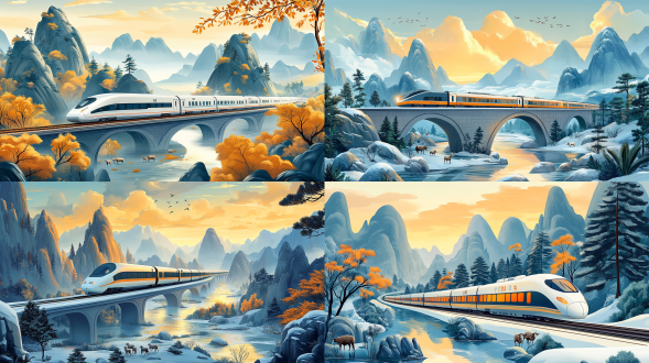 whitish high-speed trains racing through mountain forests, with rivers, mountains, forests, and cattle and sheep on the side, panoramic composition, retro national fashion illustration, golden lines, 8k quality, warm light, dynamic, and majestic. winter forest, sky, forest