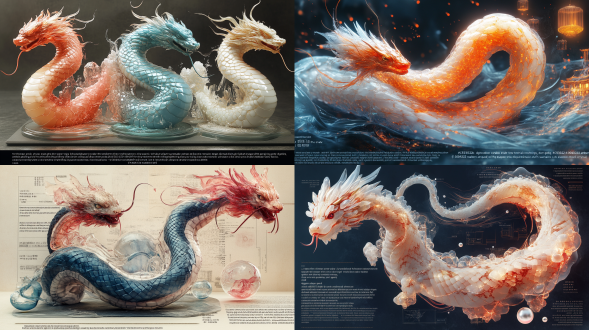 1. core concept "new chinese style glazed snake ip blueprint, q version zodiac snake three-view technical drawings, forbidden city color spectrum digital reconstruction (#c53d43 red/#4a8c7c turquoise/#e6b422 amber gold), dragon playing with pearl dynamic structure" 2. modeling features "- crystal snake-shaped anthropomorphic design, yin and yang tai chi scale arrangement translucent gradient snake tail (back turquoise → belly scale moon white transition) hanfu cross-collar skirt improvement (light tracing lightning pattern edging + glazed necklace) dynamic particle signal (programmable breathing frequency light effect)" 3. material parameters "- composite crystal material group (main refractive index 1.68 + dispersion 0.035) scales: gilded ice crack glaze treatment (anisotropy 0.9/roughness 0.15) clothing: digital weaving of kesi pattern (normal strength 50% + metallicity 0.6) special effects: suspended oracle bone particles in the body (flow of oracle bone fragments)" 4. three-view configuration "- bronze cloud and thunder pattern engineering drawing background, three-view dynamic surround layout front: display gilded vertical pupil + seal gesture (taoist bagua fingering) side: highlight s-shaped fluid curve + suspended cloud ornaments back: emphasize neon cloud shoulder structure + data flow pattern shawl" 5. rendering settings "- ring palace lantern array lighting (main light 2800k + rgb fill light) octane spectrum rendering engine (refraction depth 18 + caustic accuracy 95%) 8k film-level output (8192×4608 adobe rgb color gamut) dynamic depth of field (f/0.95 focused snake pupil glass ball)" 6. style enhancement "- lattice topology enamel color outline processing (0.7px#e6b422 outline) digital rock color texture (multi-layer noise map mixing) holographic ink base (dynamic "classic of mountains and seas" text projection)"create multi-layer nested material group (glass/metal/glaze) glass