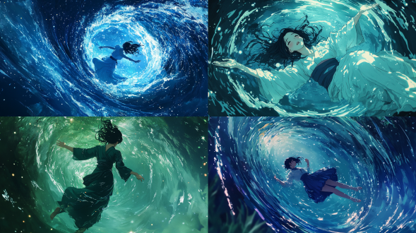 汉服女子在星河漩涡漂浮，赛璐璐质感，对角线构图，新海诚星轨光晕，动态粒子水流，pantone渐变发丝，侧逆光，梦幻。 动画艺术