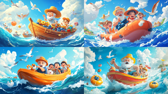 绘制一幅可爱卡通风格插画，展现一位戴帽子的老人与几个孩子同乘一艘创意船只，船身装饰蓝莓、甜甜圈等元素，背景是蓝天白云、飞翔的海鸟与翻涌的海浪，人物表情开心，营造童趣满满的海洋冒险氛围，色彩明亮清新。大师作品，8k高清，运动感，对角线构图 动画艺术