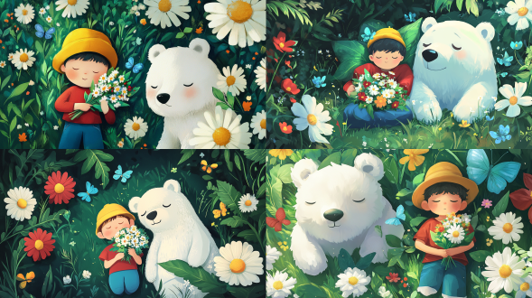 绘制治愈系插画，展现闭眼抱花束的小男孩，头戴黄色帽子，身着红色上衣与蓝色裤子，趴于绿草地。旁侧有戴绿叶花环的白色大熊，周围环绕白色大花、黄色小花、红色花卉，辅以茂密绿叶与蓝色蝴蝶点缀，采用清新明亮的色彩，营造柔和温馨的自然场景，画风细腻且充满童趣。 动画艺术