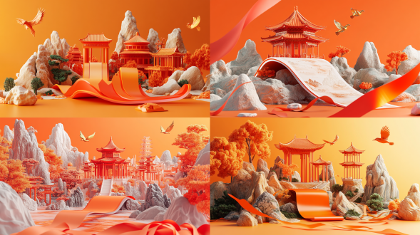 国庆主题 3d 插画，画面以橙红色为主色调。展开的古画卷轴上呈现出精美的中式山水建筑微缩景观，有多层宝塔和传统亭子，周围点缀山石、树木。画卷旁有着红色飘带，两只金色飞鸟飞翔，营造出庄重喜庆、富有文化底蕴的氛围，展现壮丽山河。