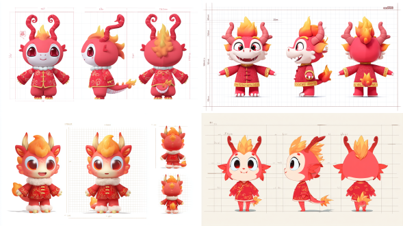 可爱q版ip，主体为一只小龙。整体以红色为主色调，头顶有橙黄色火焰状毛发，长着弯曲的红色犄角。大大的眼睛，眼白与红色眼珠对比鲜明，表情活泼。身着红色中式服饰，领口和肩部有金色花纹装饰，腹部为白色，尾巴末端呈火焰状，呈现出俏皮可爱、活力满满的姿态，三视图，正面、侧面，背面，三个网格，一个网格正面视图，一个网格侧面视图，一个网格背面视图，背景为纯白色，3d渲染风格带毛绒光影，比例头身1:1.5，萌系扁平化设计。