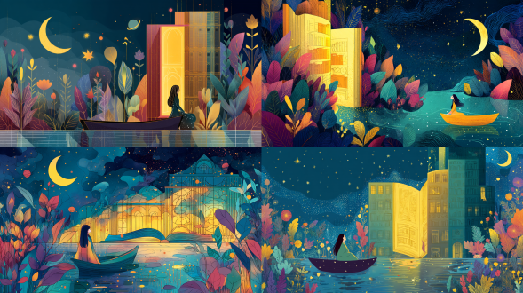 一幅教师节主题的插画，风格梦幻浪漫。画面中，一位长发女子坐在一艘载满星星的小船上，小船漂浮在水面上 。背景是一座巨大的书本造型建筑，书本打开，透出温暖的黄色光芒，光芒中点缀着星星和一个星球 。周围是色彩斑斓的植物，有紫色、粉色、绿色等，天空是深蓝色，挂着一弯明月，点缀着闪烁的星星，整体营造出静谧而美好的氛围。