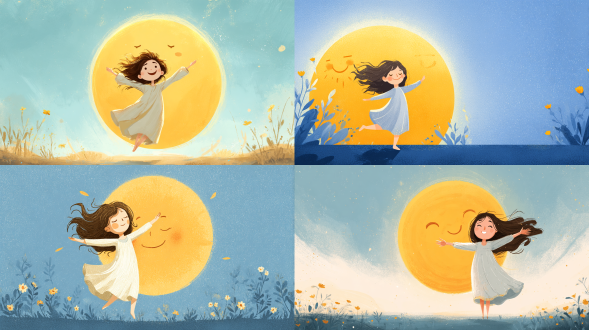 一幅温馨风格插画。画面中，一个穿着浅色连衣裙、有着飘逸头发的小女孩，面带笑容，双臂张开，似乎在欢快跳跃 。她身后是一个巨大的、带着笑脸的黄色太阳，背景是蓝天和地面上的小花，整体氛围明亮而温暖。