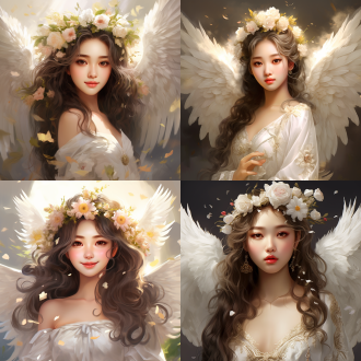 美丽的亚洲天真女孩，笑容温和，身材高大，五官精致，蛋形脸，明亮清澈的眼睛，似乎充满智慧，眼睛明亮，牙齿洁白，皮肤光滑如奶油，身材优雅，六只巨大的白色天使翅膀对称地展开在背上，头上戴着明亮美丽的花冠，穿着月白色长裙，赤脚，淡金色半透明流苏轻轻地左右飘扬在肩上，空灵轻盈，笼罩在雪白的光束中，背景是灿烂的星空，梦幻、美丽、全景、现实、电影般的品质。尺寸16:9