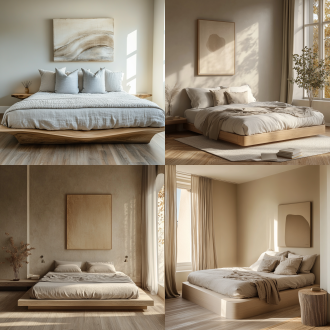 浅米色墙配原木地板悬浮床，浅灰床品，不对称床头，飘窗晨光，抽象画，对称构图，暖色调，长焦，漫射光，静谧松弛。