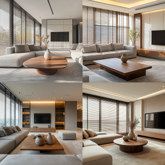 浅灰沙发围米色地毯，胡桃木茶几配陶艺花瓶，暖白电视墙，落地窗配百叶帘，通透空间，三分构图，暖光，广角，高饱和。