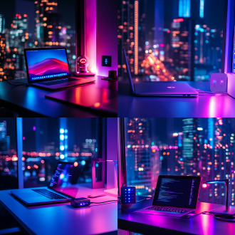 俯拍极简办公桌，macbook等共用插座，开关控氛围灯，背景虚化城市夜景，右下角数据展示，霓虹文字，赛博蓝紫调，
