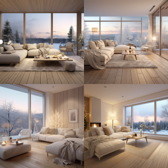 北欧客厅，原木地板配米白沙发，窗外飘雪傍晚景，暖光温馨，嵌入式温控器，哑光金属，24℃显示，极简出风口，全景，暖色调。