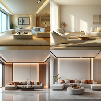 现代简约客厅，新装修多家具，粒子飘散，三分法构图，室内暖光，超广角镜头，高饱和色彩，静谧氛围。