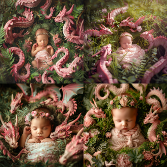 新鲜色彩，摄影，高清正脸，有少许花草，粉色的动漫龙围绕着新生儿