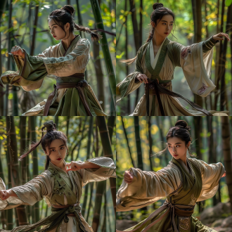 曼妙女侠竹林练武，中心构图，阳光洒身，写实风，竹林环境，长焦镜头，侧逆光，练武动作，古装扮相，暖绿配色，英气。