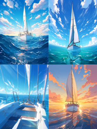 在邮轮上看海，波光粼粼，海面上j80白色帆船，第一人称视角，新海诚画风，治愈唯美，厚涂，漫画，二次元