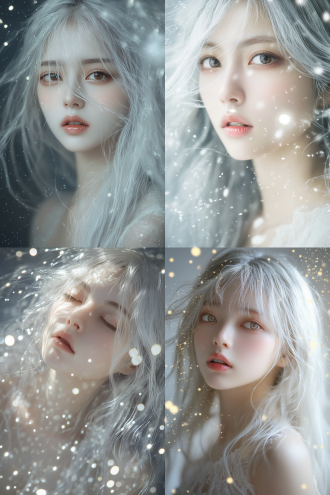 神秘朦胧的东方少女，银发飘逸的美丽少女。面容绝美，肌肤如凝脂，眼眸摄人心魄。环绕着朦胧的闪耀的光斑。细腻的光影处理，朦朦胧胧，营造出神秘而浪漫的氛围。中近景人像，正面角度，捕捉少女高冷而迷人的气质。