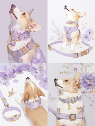 一只戴着项圈的柯基犬，中央构图，白色背景，特写镜头，温暖的灯光，狗狗坐着和站着，表情可爱，注意项圈的穿戴方式要符合图片中项圈设计