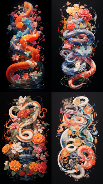 水墨风格生肖蛇，以书法形式勾勒s形，蛇头咬着莲花灯，蛇尾幻化成毛笔形象托起“元宵”两个立体字。蛇整体琉璃渐变色谱。蛇神周围8个圆形窗口，分别为糖画蛇、皮影戏、走马灯、滚元宵、猜灯谜、踩高跷、放河灯、舞火龙的动态场景，每个窗口采用复古邮票齿控装饰。画面中体现"欢度元宵"四字，并采用q弹汤圆造型，笔画连接处加入拉丝糖浆特效。