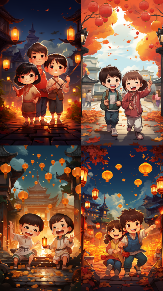 元宵节海报，其中包含中国传统非遗内容，可爱q萌的元宵，孩子手持花灯，背景是漫画风格的中国江苏南京夫子庙