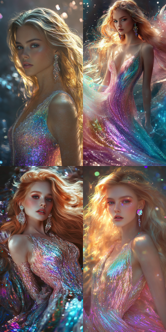 这张照片以幻想为主题，描绘了一个特征鲜明的角色。这个角色似乎有一头垂下的金发，可能暗示着美人鱼或天使的影响。她的眼睛用深色眼影和微妙的闪光来强调，增强了她的凝视。她戴着能捕捉光线的大耳环，为她的外表增添了一丝威严。这个角色穿着一件充满活力、色彩丰富、有亮片的裙子。这件裙子本身很精致，色调包括粉红色、紫色和蓝色，亮片反射光线，营造出一种近乎空灵的光芒。这件连衣裙的设计似乎注重细节，展示了多层效果，使其几乎具有彩虹般的质感。她的姿势优雅而自信，手臂轻轻放在身边，姿态优雅。图像中的灯光柔和，似乎在整个场景中投射出温暖的光芒，突出了服装的奢华，增添了场景的超凡脱俗的氛围