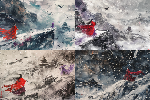 中国水墨画风格，史诗级武侠场景，红衣女子与骑鹤道士在雪山之巅对峙，白衣剑客持刀立于古城墙，紫色身影凌空踏雪，背景中骑兵洪流如黑色浪潮，漫天雪花呈现敦煌藻井纹样，朱砂红/月牙白/黛紫色块碰撞，细节包含：黄鹤楼剪影、剑气轨迹雪花、城墙铭文阵亡者姓名、山脊卧虎形态
