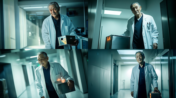 老教授手上提着一个较大的金属盒，走进白色的房间。