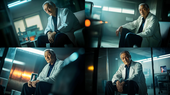 老教授手上拿着一张女人的照片，坐在沙发上，神色悲伤。