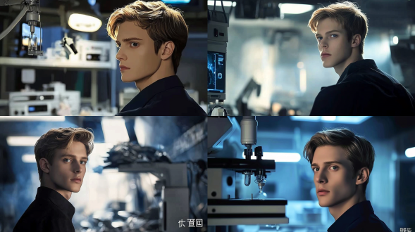 他背对着白色实验室，此时的白色实验室已经被破坏的不成样子了