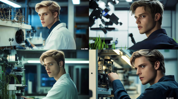 他的背影，他的前面是一个白色实验室，已经被破坏的不成样子了，断墙，8k，真实，墙上都长满了草。