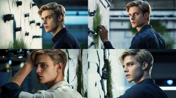 他的背影，他的前面是一个白色断墙，8k，真实，墙上都长满了草，全身照。