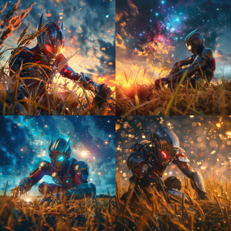 奥特曼在稻田插秧，对角线构图，稻田与星云背景，暖光，超广角，慢快门，插秧动作，蓝红金配色，科幻奇幻氛围，8k，16:9