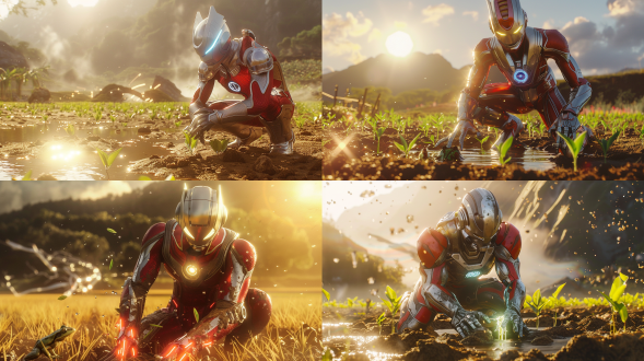 a giant ultraman in classic red and silver armor kneels in a vast golden rice field, carefully planting green seedlings with metallic fingers, dynamic mud splashes around his hands, morning sun casting long shadows through misty mountains, swirling dark nebula with broken spaceship debris in the background, neon-blue plasma sparks trailing each plant, glowing timer on his waist pulsing rhythmically, hyper-detailed 3d rendering with cinematic lighting, unreal engine 5 style, ultra-realistic water reflections, frogs leaping from muddy water, surreal sci-fi farming scene, 8k resolution