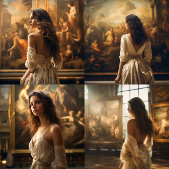 女子穿白裙于卢浮宫凝视文艺复兴画作，三分法构图，巴洛克暖光，油画质感，暖金色调，忧郁神情，电影感画面。